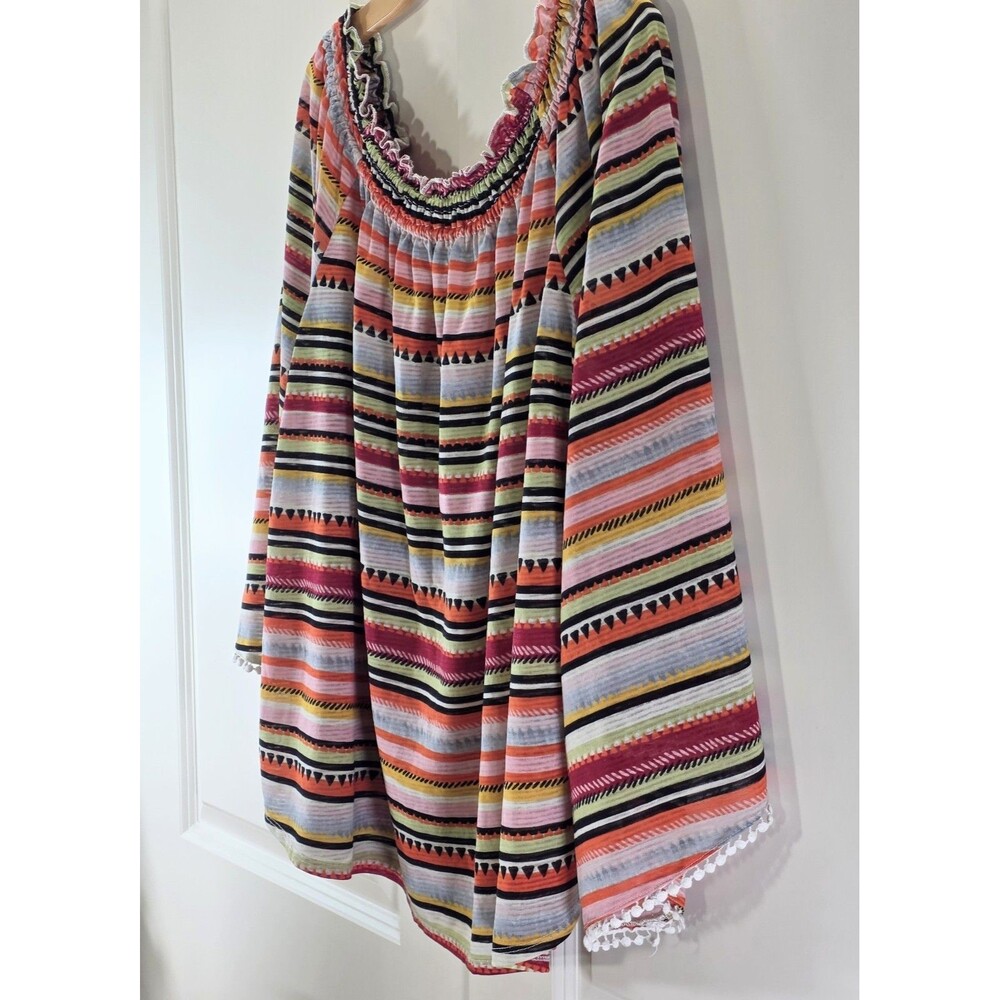 New Directions Boho Peasant Top L Bell Sleeve Festival Aztec Stripe Resort - Picture 5 of 9